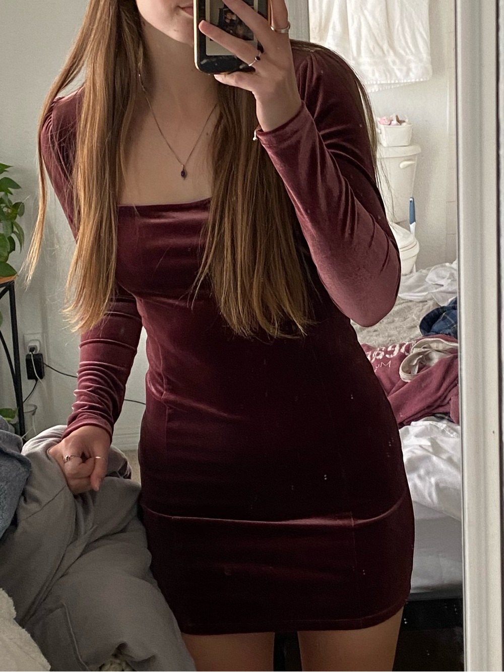 Velvet Square-Neck Long Sleeve Bodycon Dress - Burgundy/Deep Purple